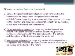 Different methods of Budgeting (continued)
3) Competitive parity method: budget allocation for based on the
expenditures o...