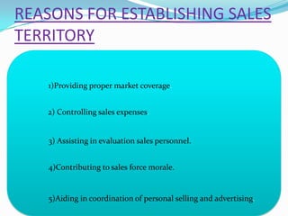 REASONS FOR ESTABLISHING SALES
TERRITORY

   1)Providing proper market coverage.


   2) Controlling sales expenses.


   3) Assisting in evaluation sales personnel.


   4)Contributing to sales force morale.


   5)Aiding in coordination of personal selling and advertising.
 