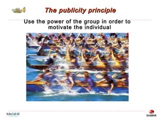The publicity principle
Use the power of the group in order to
motivate the individual

 