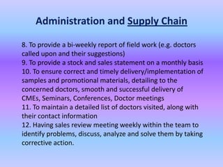Administration and Supply Chain

8. To provide a bi-weekly report of field work (e.g. doctors
called upon and their suggestions)
9. To provide a stock and sales statement on a monthly basis
10. To ensure correct and timely delivery/implementation of
samples and promotional materials, detailing to the
concerned doctors, smooth and successful delivery of
CMEs, Seminars, Conferences, Doctor meetings
11. To maintain a detailed list of doctors visited, along with
their contact information
12. Having sales review meeting weekly within the team to
identify problems, discuss, analyze and solve them by taking
corrective action.
 