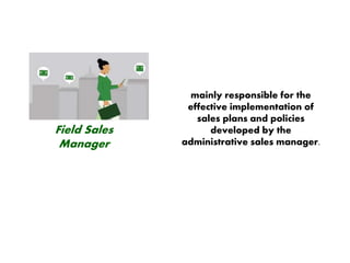 Field Sales
Manager
mainly responsible for the
effective implementation of
sales plans and policies
developed by the
administrative sales manager.
 