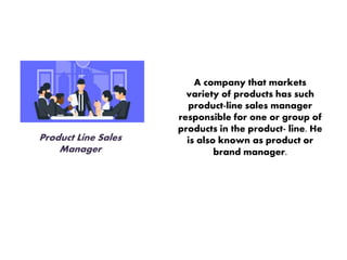 Product Line Sales
Manager
A company that markets
variety of products has such
product-line sales manager
responsible for one or group of
products in the product- line. He
is also known as product or
brand manager.
 