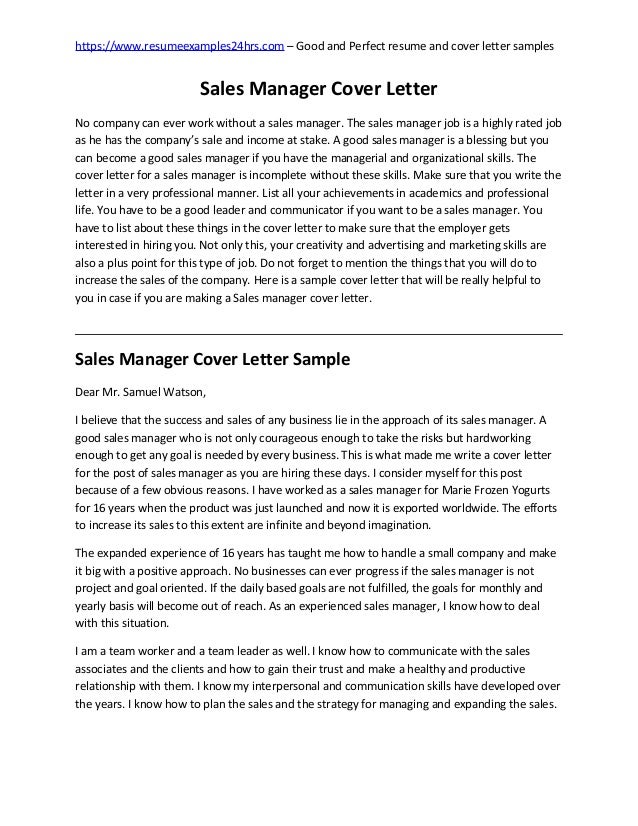 Sales Manager Cover Letter Sample Sales Manager Cover Letter Sample