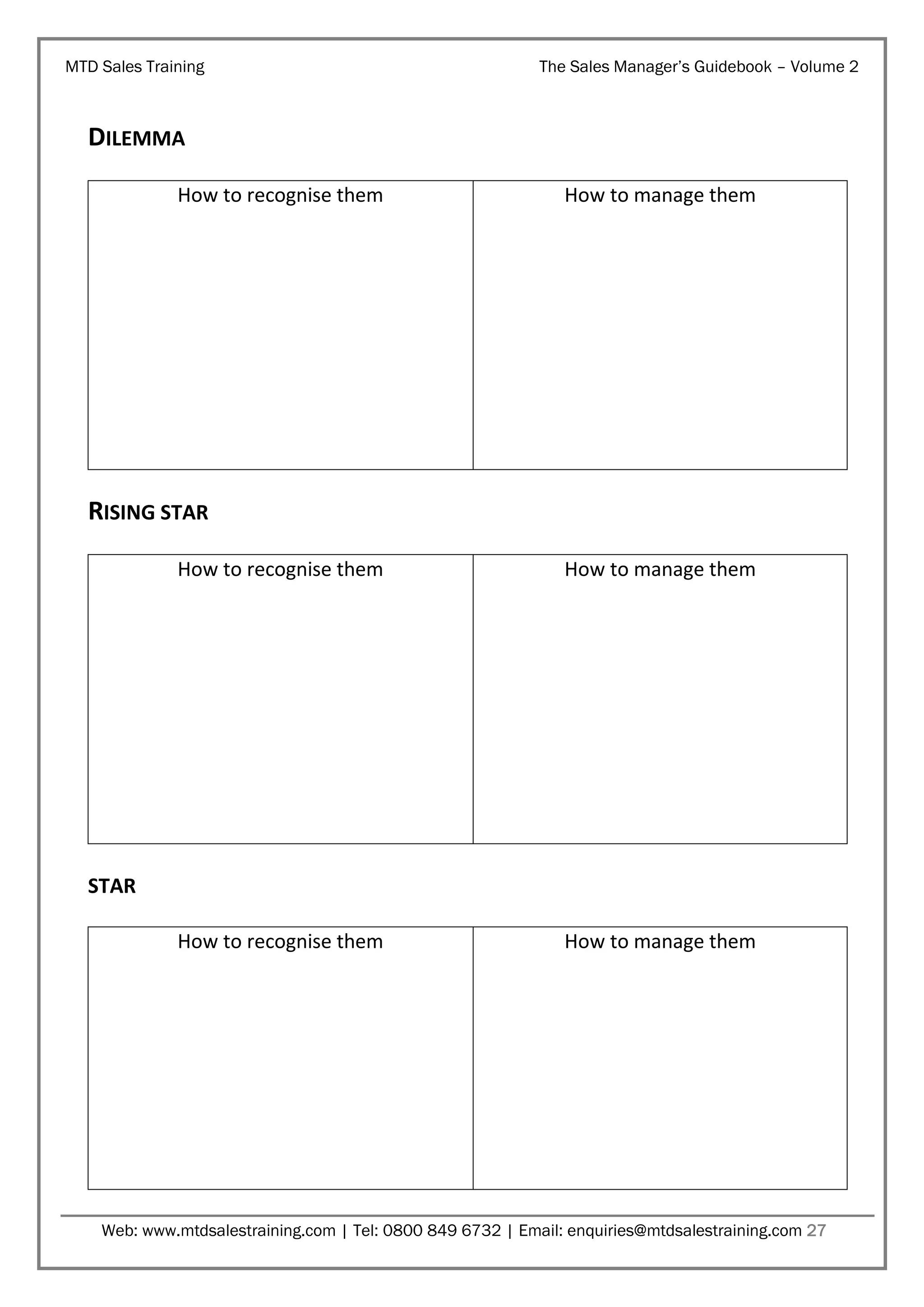 MTD Sales Training

The Sales Manager’s Guidebook – Volume 2

DILEMMA
How to recognise them

How to manage them

RISING STAR
How to recognise them

How to manage them

How to recognise them

How to manage them

STAR

Web: www.mtdsalestraining.com | Tel: 0800 849 6732 | Email: enquiries@mtdsalestraining.com 27

 