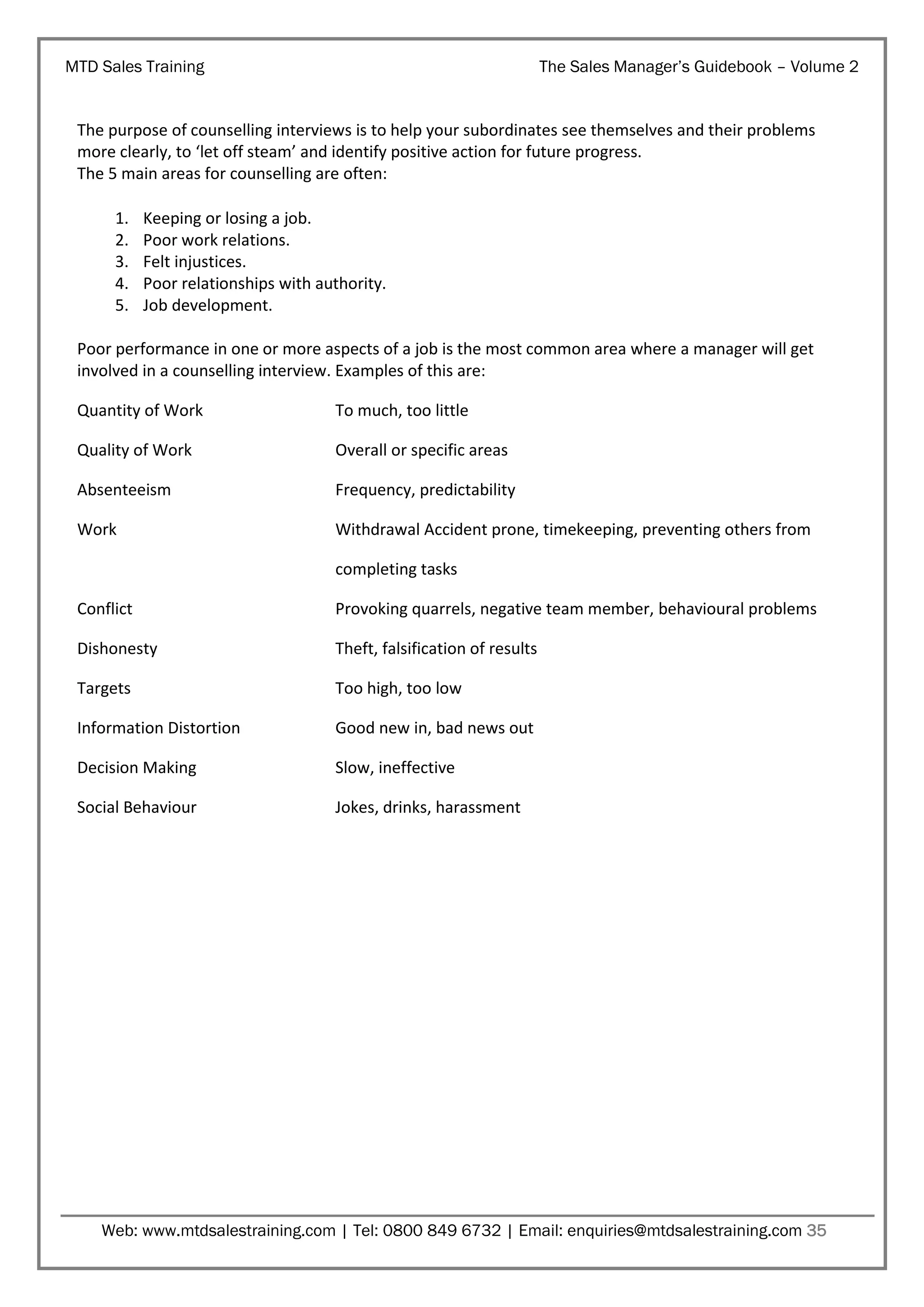 MTD Sales Training

The Sales Manager’s Guidebook – Volume 2

The purpose of counselling interviews is to help your subordinates see themselves and their problems
more clearly, to ‘let off steam’ and identify positive action for future progress.
The 5 main areas for counselling are often:
1.
2.
3.
4.
5.

Keeping or losing a job.
Poor work relations.
Felt injustices.
Poor relationships with authority.
Job development.

Poor performance in one or more aspects of a job is the most common area where a manager will get
involved in a counselling interview. Examples of this are:
Quantity of Work

To much, too little

Quality of Work

Overall or specific areas

Absenteeism

Frequency, predictability

Work

Withdrawal Accident prone, timekeeping, preventing others from
completing tasks

Conflict

Provoking quarrels, negative team member, behavioural problems

Dishonesty

Theft, falsification of results

Targets

Too high, too low

Information Distortion

Good new in, bad news out

Decision Making

Slow, ineffective

Social Behaviour

Jokes, drinks, harassment

Web: www.mtdsalestraining.com | Tel: 0800 849 6732 | Email: enquiries@mtdsalestraining.com 35

 