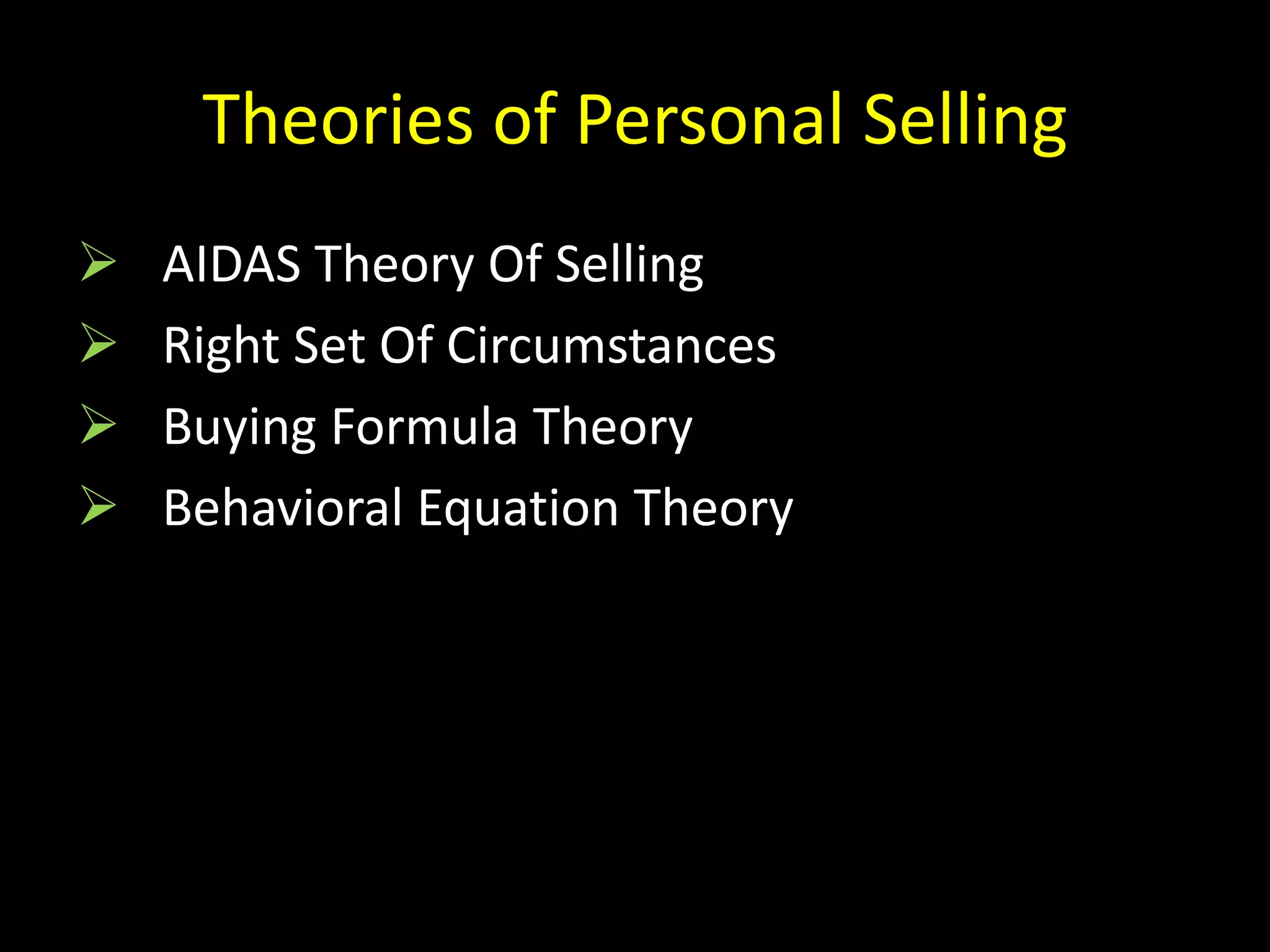 Theories of Personal Selling
   AIDAS Theory Of Selling
   Right Set Of Circumstances
   Buying Formula Theory
   Behavioral Equation Theory
 