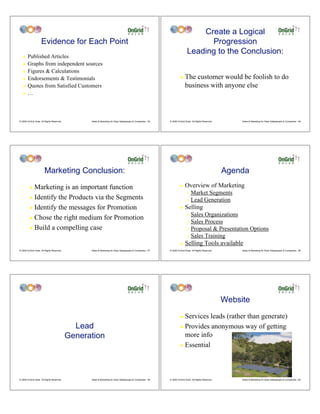 Create a Logical
                     Evidence for Each Point                                                                                       Progression
                                                                                                                             Leading to the Conclusion:
   !    Published Articles
   !    Graphs from independent sources
   !    Figures & Calculations
   !    Endorsements & Testimonials                                                                                   !    The customer would be foolish to do
   !    Quotes from Satisfied Customers                                                                                    business with anyone else
   !    …



© 2009 OnGrid Solar, All Rights Reserved.         Sales & Marketing for Solar Salespeople & Companies - 55   © 2009 OnGrid Solar, All Rights Reserved.        Sales & Marketing for Solar Salespeople & Companies - 56




                        Marketing Conclusion:                                                                                                            Agenda
         ! Marketing is an important function                                                                         !    Overview of Marketing
                                                                                                                             "   Market Segments
         ! Identify the Products via the Segments
                                                                                                                             "   Lead Generation
         ! Identify the messages for Promotion                                                                        !    Selling
                                                                                                                             " Sales Organizations
         ! Chose the right medium for Promotion
                                                                                                                             " Sales Process
         ! Build a compelling case                                                                                           " Proposal & Presentation Options

                                                                                                                             " Sales Training

                                                                                                                      !    Selling Tools available
© 2009 OnGrid Solar, All Rights Reserved.         Sales & Marketing for Solar Salespeople & Companies - 57   © 2009 OnGrid Solar, All Rights Reserved.        Sales & Marketing for Solar Salespeople & Companies - 58




                                                                                                                                                         Website
                                                                                                                      ! Services leads (rather than generate)
                                              Lead                                                                    ! Provides anonymous way of getting

                                            Generation                                                                  more info
                                                                                                                      ! Essential




© 2009 OnGrid Solar, All Rights Reserved.         Sales & Marketing for Solar Salespeople & Companies - 59   © 2009 OnGrid Solar, All Rights Reserved.        Sales & Marketing for Solar Salespeople & Companies - 60
 