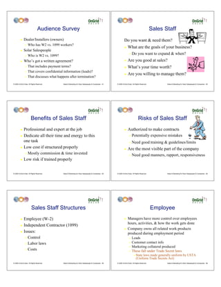 Audience Survey                                                                                                   Sales Staff
         !    Dealer/Installers (owners)                                                                        Do you want & need them?
                "   Who has W2 vs. 1099 workers?
                                                                                                                !    What are the goals of your business?
         !    Solar Salespeople
                "   Who is W2 vs. 1099?
                                                                                                                       "   Do you want to expand & when?
         !    Who’s got a written agreement?                                                                    !    Are you good at sales?
                " That includes payment terms?                                                                  !    What’s your time worth?
                " That covers confidential information (leads)?
                                                                                                                !    Are you willing to manage them?
                " That discusses what happens after termination?


© 2009 OnGrid Solar, All Rights Reserved.   Sales & Marketing for Solar Salespeople & Companies - 91   © 2009 OnGrid Solar, All Rights Reserved.          Sales & Marketing for Solar Salespeople & Companies - 92




                        Benefits of Sales Staff                                                                                     Risks of Sales Staff
         ! Professional and expert at the job                                                                   !    Authorized to make contracts
         ! Dedicate all their time and energy to this                                                                  "   Potentially expensive mistakes
           one task                                                                                                    "   Need good training & guidelines/limits
         ! Low cost if structured properly
                                                                                                                !    Are the most visible part of the company
                "   Mostly commission & time invested                                                                  "   Need good manners, rapport, responsiveness
         !    Low risk if trained properly


© 2009 OnGrid Solar, All Rights Reserved.   Sales & Marketing for Solar Salespeople & Companies - 93   © 2009 OnGrid Solar, All Rights Reserved.          Sales & Marketing for Solar Salespeople & Companies - 94




                         Sales Staff Structures                                                                                                    Employee
         ! Employee (W-2)                                                                                       !    Managers have more control over employees
                                                                                                                     hours, activities, & how the work gets done
         ! Independent Contractor (1099)
                                                                                                                !    Company owns all related work products
         ! Issues:
                                                                                                                     produced during employment period
                " Control                                                                                              " Leads
                " Labor laws                                                                                           " Customer contact info
                                                                                                                       " Marketing collateral produced
                " Costs
                                                                                                                       " These fall under Trade Secret laws
                                                                                                                             #   State laws made generally uniform by USTA
                                                                                                                                 (Uniform Trade Secrets Act)
© 2009 OnGrid Solar, All Rights Reserved.   Sales & Marketing for Solar Salespeople & Companies - 95   © 2009 OnGrid Solar, All Rights Reserved.          Sales & Marketing for Solar Salespeople & Companies - 96
 