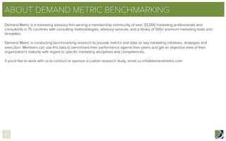 ABOUT DEMAND METRIC BENCHMARKING
Demand Metric is a marketing advisory ﬁrm serving a membership community of over 33,000 marketing professionals and
consultants in 75 countries with consulting methodologies, advisory services, and a library of 500+ premium marketing tools and
templates.
 
Demand Metric is conducting benchmarking research to provide metrics and data on key marketing initiatives, strategies and
execution. Members can use this data to benchmark their performance against their peers and get an objective view of their
organization's maturity with regard to speciﬁc marketing disciplines and competencies.
If you’d like to work with us to conduct or sponsor a custom research study, email us info@demandmetric.com
20
 