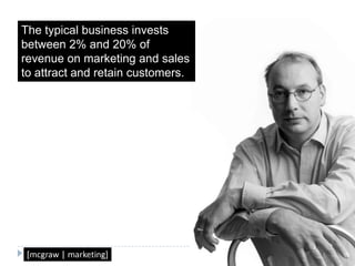 The typical business invests between 2% and 20% of revenue on marketing and sales to attract and retain customers.  