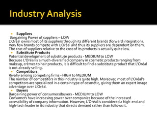  Suppliers 
Bargaining Power of suppliers – LOW 
L’Oréal owns most of its suppliers through its different brands (forward integration). 
Very few brands compete with L’Oréal and thus its suppliers are dependent on them. 
The cost of suppliers relative to the cost of its products is actually quite low. 
 Substitute Products 
Potential development of substitute products -MEDIUM to LOW 
Because L’Oréal is a much-diversified company in cosmetic products ranging from 
makeup, crèmes to hair products, it is difficult to find a substitute product that L’Oréal 
is not already selling. 
 Competitors 
Rivalry among competing firms - HIGH to MEDIUM 
The number of competitors in this industry is quite high. Moreover, most of L’Oréal’s 
competitors are specialized in a certain type of cosmetic, giving them an expert image 
advantage over L’Oréal. 
 Buyers 
Bargaining power of consumers/buyers - MEDIUM to LOW 
Consumers have increasing power over companies because of the increased 
accessibility of company information. However, L’Oréal is considered a high-end and 
high-tech leader in its industry that directs demand rather than follows it. 
 