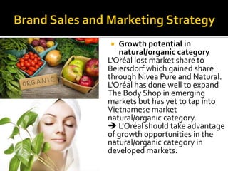  Growth potential in 
natural/organic category 
L'Oréal lost market share to 
Beiersdorf which gained share 
through Nivea Pure and Natural. 
L'Oréal has done well to expand 
The Body Shop in emerging 
markets but has yet to tap into 
Vietnamese market 
natural/organic category. 
 L'Oréal should take advantage 
of growth opportunities in the 
natural/organic category in 
developed markets. 
 