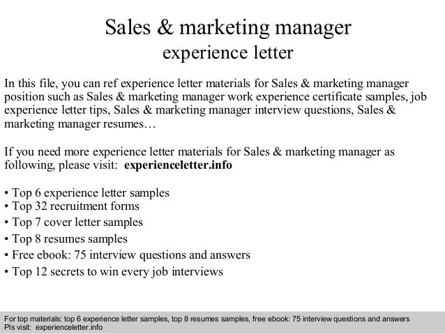 Sales & marketing manager experience letter