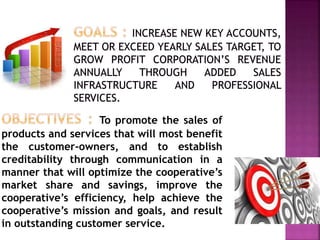 To promote the sales of
products and services that will most benefit
the customer-owners, and to establish
creditability through communication in a
manner that will optimize the cooperative’s
market share and savings, improve the
cooperative’s efficiency, help achieve the
cooperative’s mission and goals, and result
in outstanding customer service.
 