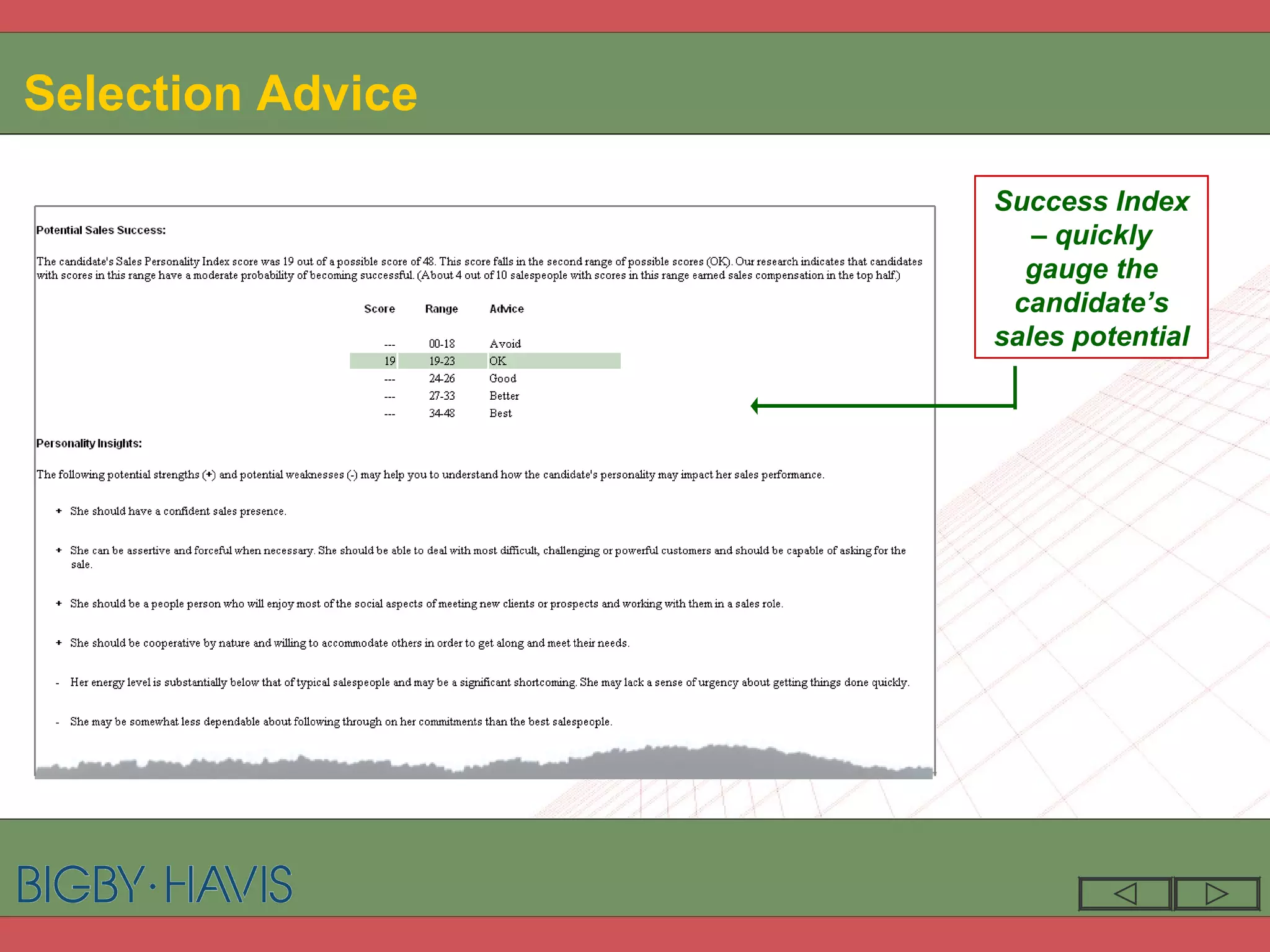 Selection Advice Success Index – quickly gauge the candidate’s sales potential 