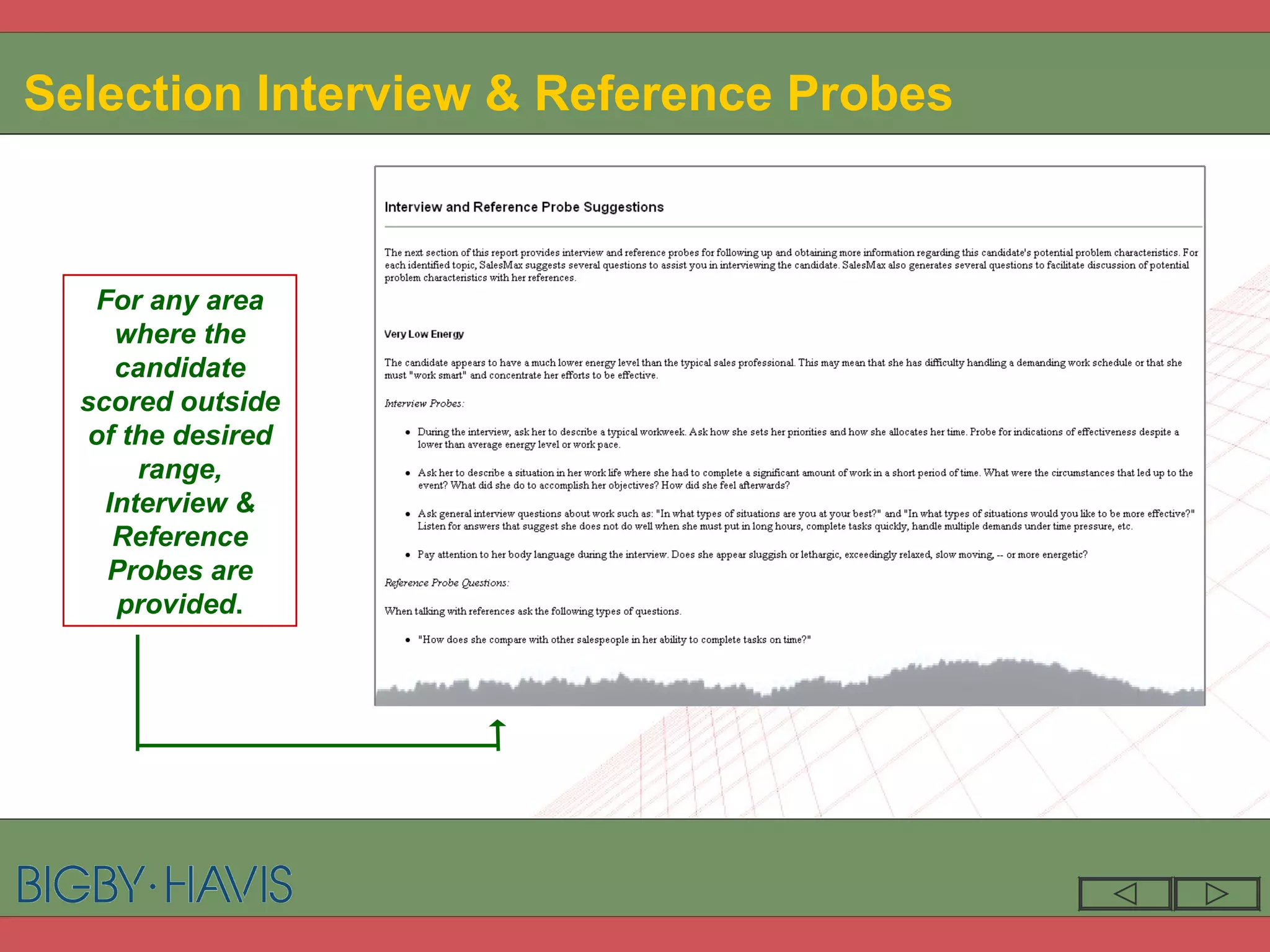 Selection Interview & Reference Probes For any area where the candidate scored outside of the desired range, Interview & Reference Probes are provided . 