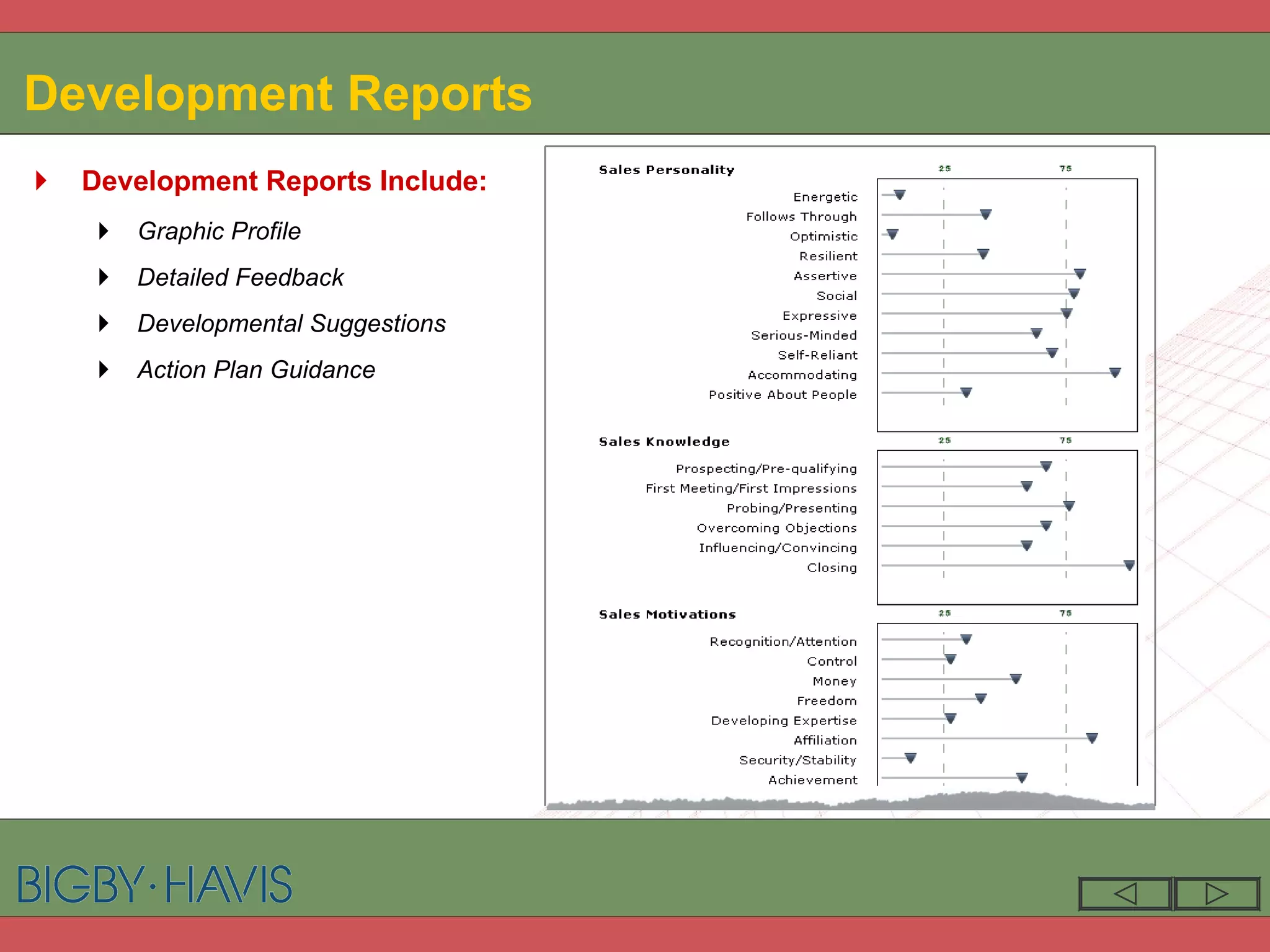 Development Reports Development Reports Include: Graphic Profile Detailed Feedback Developmental Suggestions Action Plan Guidance 