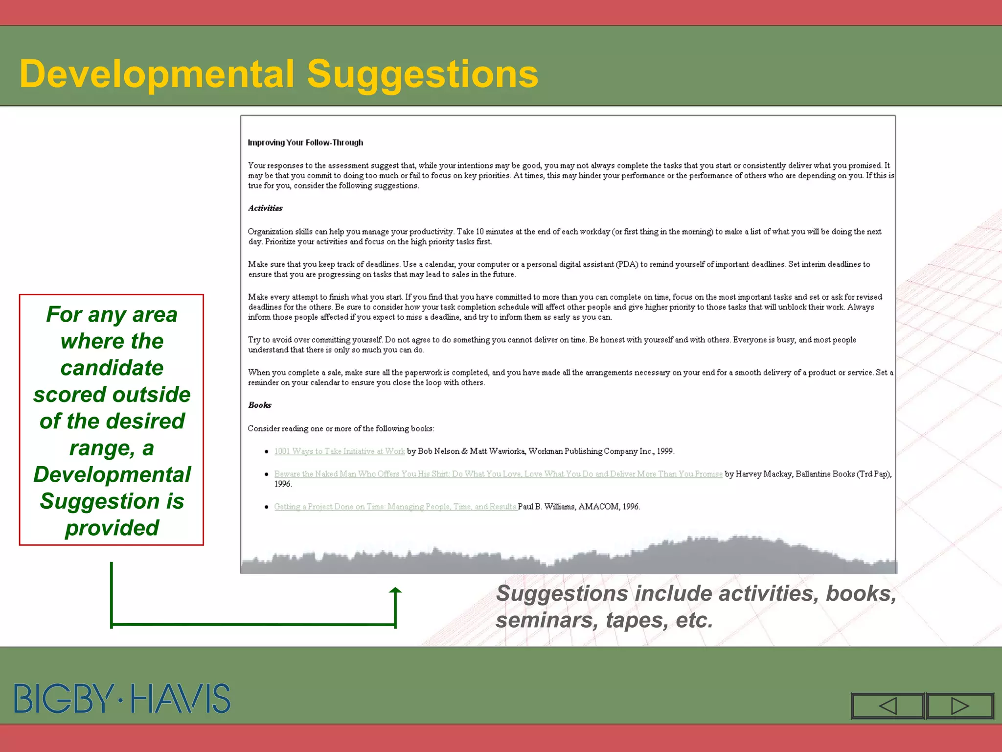 Developmental Suggestions For any area where the candidate scored outside of the desired range, a Developmental Suggestion is provided Suggestions include activities, books, seminars, tapes, etc. 