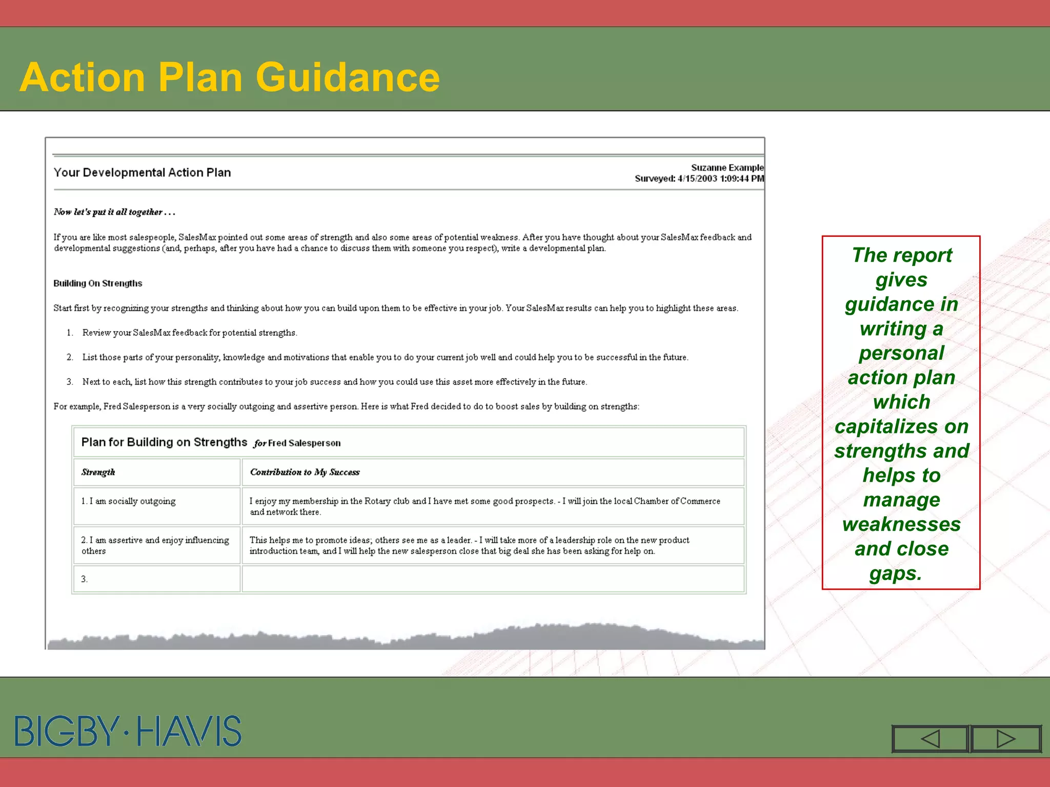 Action Plan Guidance  The report gives guidance in writing a personal action plan which capitalizes on strengths and helps to manage weaknesses and close gaps.  