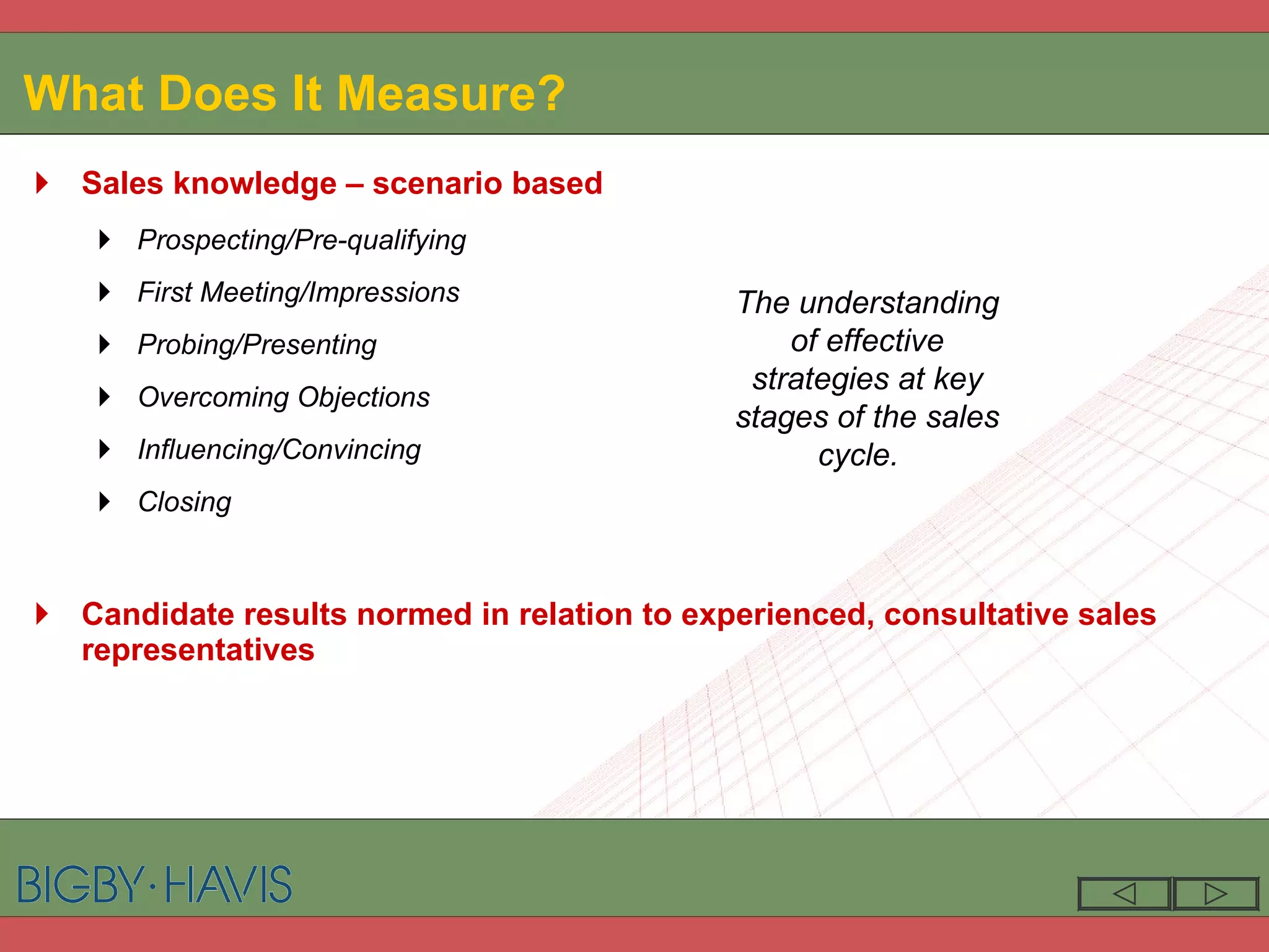 What Does It Measure? Sales knowledge – scenario based Prospecting/Pre-qualifying First Meeting/Impressions Probing/Presenting Overcoming Objections Influencing/Convincing Closing Candidate results normed in relation to experienced, consultative sales representatives The understanding of effective strategies at key stages of the sales cycle.  