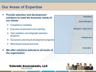 Our Areas of Expertise,[object Object],Provide selection and development solutions to meet the business needs of our clients,[object Object],Competency modeling,[object Object],Executive assessment and coaching,[object Object],Test validation and integrated selection programs,[object Object],Succession planning & development programs,[object Object],Web-based assessment tools,[object Object],We offer solutions tailored to all levels of the organization,[object Object],Executives,[object Object],Senior Managers,[object Object],Managers / Supervisors,[object Object],Professionals,[object Object],Associates,[object Object]