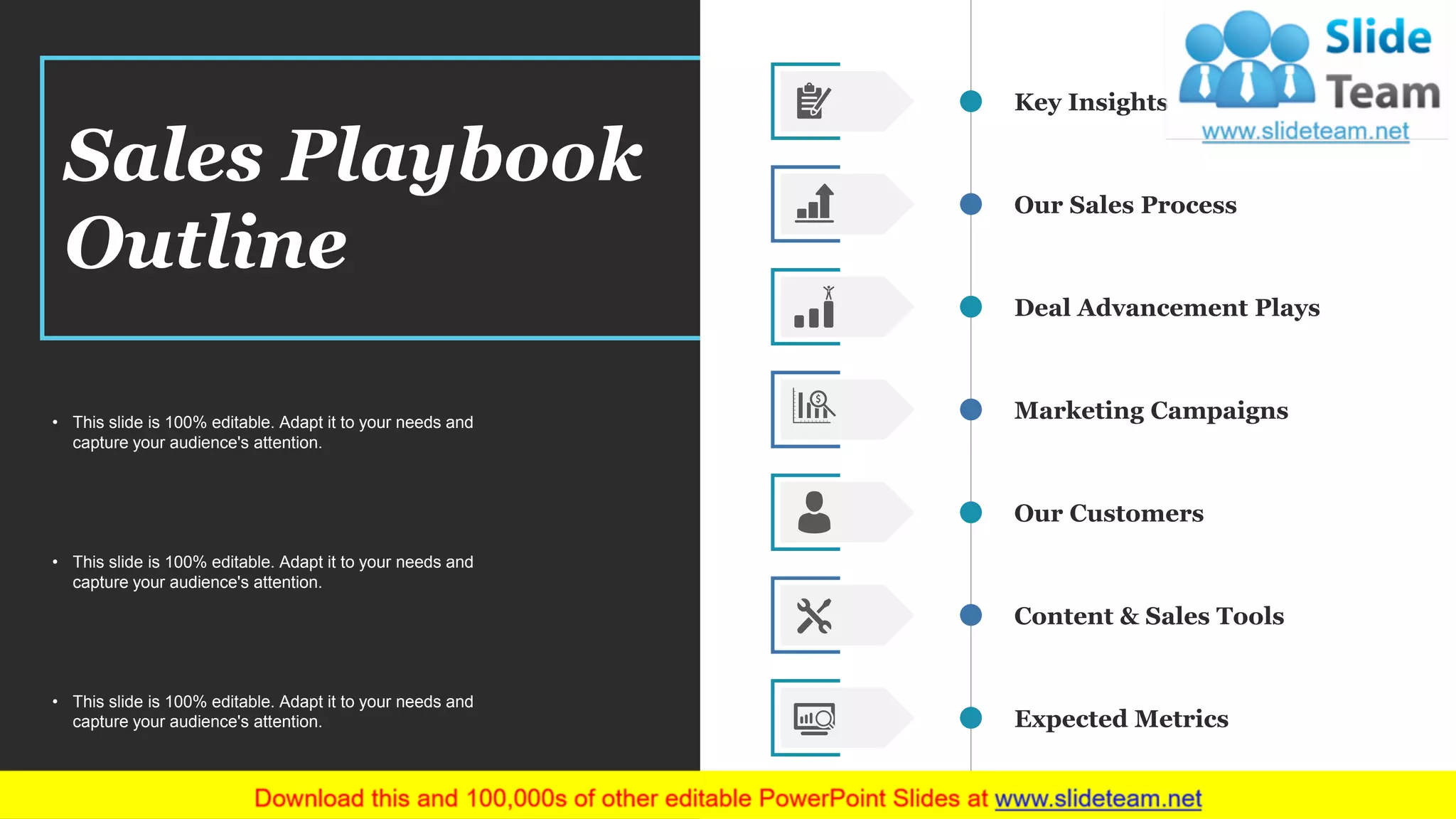 www.company name 2
Sales Playbook
Outline
• This slide is 100% editable. Adapt it to your needs and
capture your audience's attention.
• This slide is 100% editable. Adapt it to your needs and
capture your audience's attention.
• This slide is 100% editable. Adapt it to your needs and
capture your audience's attention.
Key Insights
Our Sales Process
Deal Advancement Plays
Marketing Campaigns
Expected Metrics
Content & Sales Tools
Our Customers
 