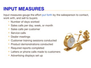 INPUT MEASURES
Input measures gauge the effort put forth by the salesperson to contact,
work with, and sell to buyers
 Number of days worked
 Sales calls per day, week, or month
 Sales calls per customer
 Service calls
 Dealer meetings
 Customer training sessions conducted
 Product demonstrations conducted
 Required reports completed
 Letters or phone calls made to customers
 Advertising displays set up
 
