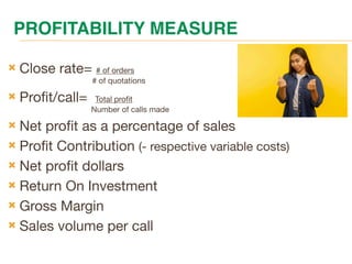 PROFITABILITY MEASURE
 Close rate= # of orders
# of quotations
 Profit/call= Total profit
Number of calls made
 Net profit as a percentage of sales
 Profit Contribution (- respective variable costs)
 Net profit dollars
 Return On Investment
 Gross Margin
 Sales volume per call
 
