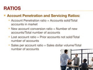 RATIOS
 Account Penetration and Servicing Ratios:
 Account Penetration ratio = Accounts sold/Total
accounts in market
 New account conversion ratio = Number of new
accounts/Total number of accounts
 Lost account ratio = Prior accounts not sold/Total
number of accounts
 Sales per account ratio = Sales dollar volume/Total
number of accounts
 