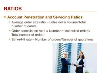 RATIOS
 Account Penetration and Servicing Ratios:
 Average order size ratio = Sales dollar volume/Total
number of orders
 Order cancellation ratio = Number of cancelled orders/
Total number of orders
 Strike/Hit rate = Number of orders/Number of quotations
 