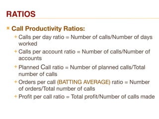 RATIOS
 Call Productivity Ratios:
 Calls per day ratio = Number of calls/Number of days
worked
 Calls per account ratio = Number of calls/Number of
accounts
 Planned Call ratio = Number of planned calls/Total
number of calls
 Orders per call (BATTING AVERAGE) ratio = Number
of orders/Total number of calls
 Profit per call ratio = Total profit/Number of calls made
 