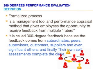360 DEGREES PERFORMANCE EVALUATION
DEFINITION
 Formalized process
 Is a management tool and performance appraisal
method that gives employees the opportunity to
receive feedback from multiple “raters”
 It is called 360-degree feedback because the
feedback comes from subordinates, peers,
supervisors, customers, suppliers and even
significant others, and finally Their own self
assessments complete the circle.
 