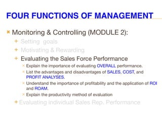 FOUR FUNCTIONS OF MANAGEMENT
 Monitoring & Controlling (MODULE 2):
 Setting goals
 Motivating & Rewarding
 Evaluating the Sales Force Performance
✕ Explain the importance of evaluating OVERALL performance.
✕ List the advantages and disadvantages of SALES, COST, and
PROFIT ANALYSES.
✕ Understand the importance of profitability and the application of ROI
and ROAM.
✕ Explain the productivity method of evaluation
 Evaluating individual Sales Rep. Performance
 