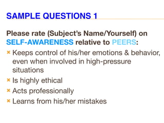 SAMPLE QUESTIONS 1
Please rate (Subject’s Name/Yourself) on
SELF-AWARENESS relative to PEERS:
 Keeps control of his/her emotions & behavior,
even when involved in high-pressure
situations
 Is highly ethical
 Acts professionally
 Learns from his/her mistakes
 