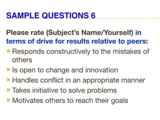 SAMPLE QUESTIONS 6
Please rate (Subject’s Name/Yourself) in
terms of drive for results relative to peers:
 Responds constructively to the mistakes of
others
 Is open to change and innovation
 Handles conflict in an appropriate manner
 Takes initiative to solve problems
 Motivates others to reach their goals
 