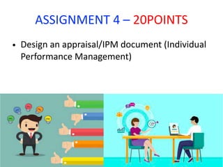 ASSIGNMENT 4 – 20POINTS
• Design an appraisal/IPM document (Individual
Performance Management)
 