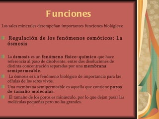 Funciones Las sales minerales desempeñan importantes funciones biológicas: Regulación de los fenómenos osmóticos: La ósmosis La  ósmosis  es un  fenómeno físico-químico  que hace referencia al paso de disolvente, entre dos disoluciones de distinta concentración separadas por una  membrana semipermeable . La ósmosis es un fenómeno biológico de importancia para las células de los seres vivos. Una membrana semipermeable es aquella que contiene  poros de tamaño molecular . El tamaño de los poros es minúsculo, por lo que dejan pasar las moléculas pequeñas pero no las grandes. 