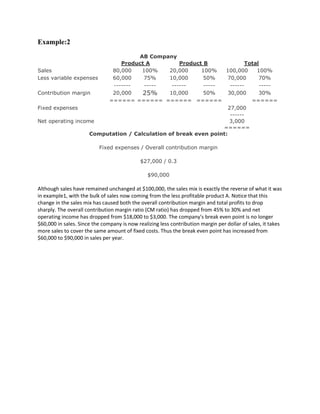 Example:2
                                   AB Company
                             Product A           Product B               Total
Sales                    80,000     100%     20,000     100%    100,000      100%
Less variable expenses   60,000     75%      10,000      50%      70,000      70%
                          -------    -----    ------     -----     ------     -----
Contribution margin      20,000     25%      10,000      50%      30,000      30%
                        ====== ====== ====== ======                        ======
Fixed expenses                                                    27,000
                                                                   ------
Net operating income                                              3,000
                                                               ======
                   Computation / Calculation of break even point:

                          Fixed expenses / Overall contribution margin

                                            $27,000 / 0.3

                                                $90,000

Although sales have remained unchanged at $100,000, the sales mix is exactly the reverse of what it was
in example1, with the bulk of sales now coming from the less profitable product A. Notice that this
change in the sales mix has caused both the overall contribution margin and total profits to drop
sharply. The overall contribution margin ratio (CM ratio) has dropped from 45% to 30% and net
operating income has dropped from $18,000 to $3,000. The company's break even point is no longer
$60,000 in sales. Since the company is now realizing less contribution margin per dollar of sales, it takes
more sales to cover the same amount of fixed costs. Thus the break even point has increased from
$60,000 to $90,000 in sales per year.
 