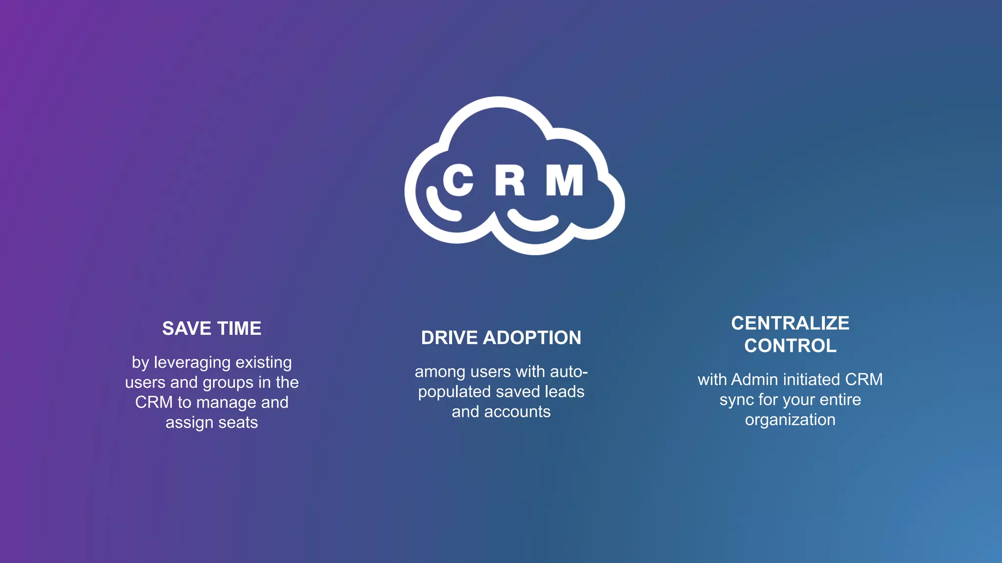 SAVE TIME
by leveraging existing
users and groups in the
CRM to manage and
assign seats
CENTRALIZE
CONTROL
with Admin initiated CRM
sync for your entire
organization
DRIVE ADOPTION
among users with auto-
populated saved leads
and accounts
 