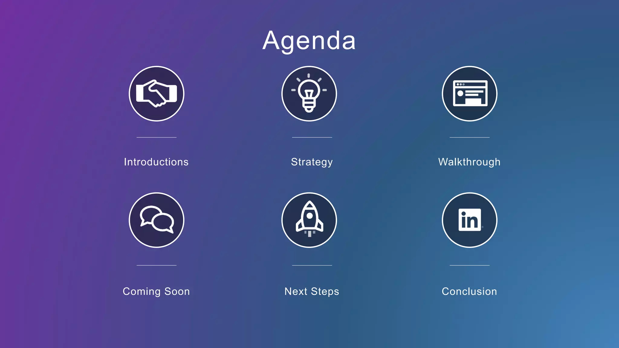 Strategy
Coming Soon
Introductions
Next Steps Conclusion
Walkthrough
Agenda
 