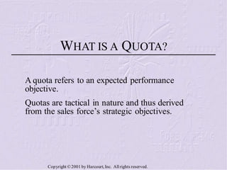 WHAT IS A QUOTA?
A quota refers to an expected performance
objective.
Quotas are tactical in nature and thus derived
from the sales force’s strategic objectives.

Copyright © 2001 by Harcourt, Inc. All rights reserved.

 