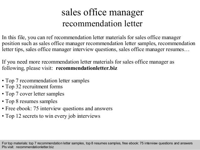 sales office manager recommendation letter sample letter of recommendation for office manager