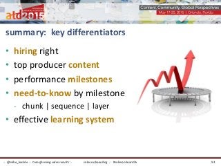 summary: key differentiators
• hiring right
• top producer content
• performance milestones
• need-to-know by milestone
- chunk | sequence | layer
• effective learning system
sales onboarding :: #salesonboard2x:: @mike_kunkle :: transforming sales results :: 52
 