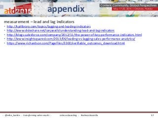 measurement – lead and lag indicators
• http://kpilibrary.com/topics/lagging-and-leading-indicators
• http://www.slideshare.net/ianjseath/understanding-lead-and-lag-indicators
• http://blogs.salesforce.com/company/2012/11/the-power-of-key-performance-indicators.html
• http://www.insightsquared.com/2013/06/leading-vs-lagging-sales-performance-analytics/
• https://www.richardson.com/PageFiles/3300/verifiable_outcomes_download.html
appendix
sales onboarding :: #salesonboard2x:: @mike_kunkle :: transforming sales results :: 57
 