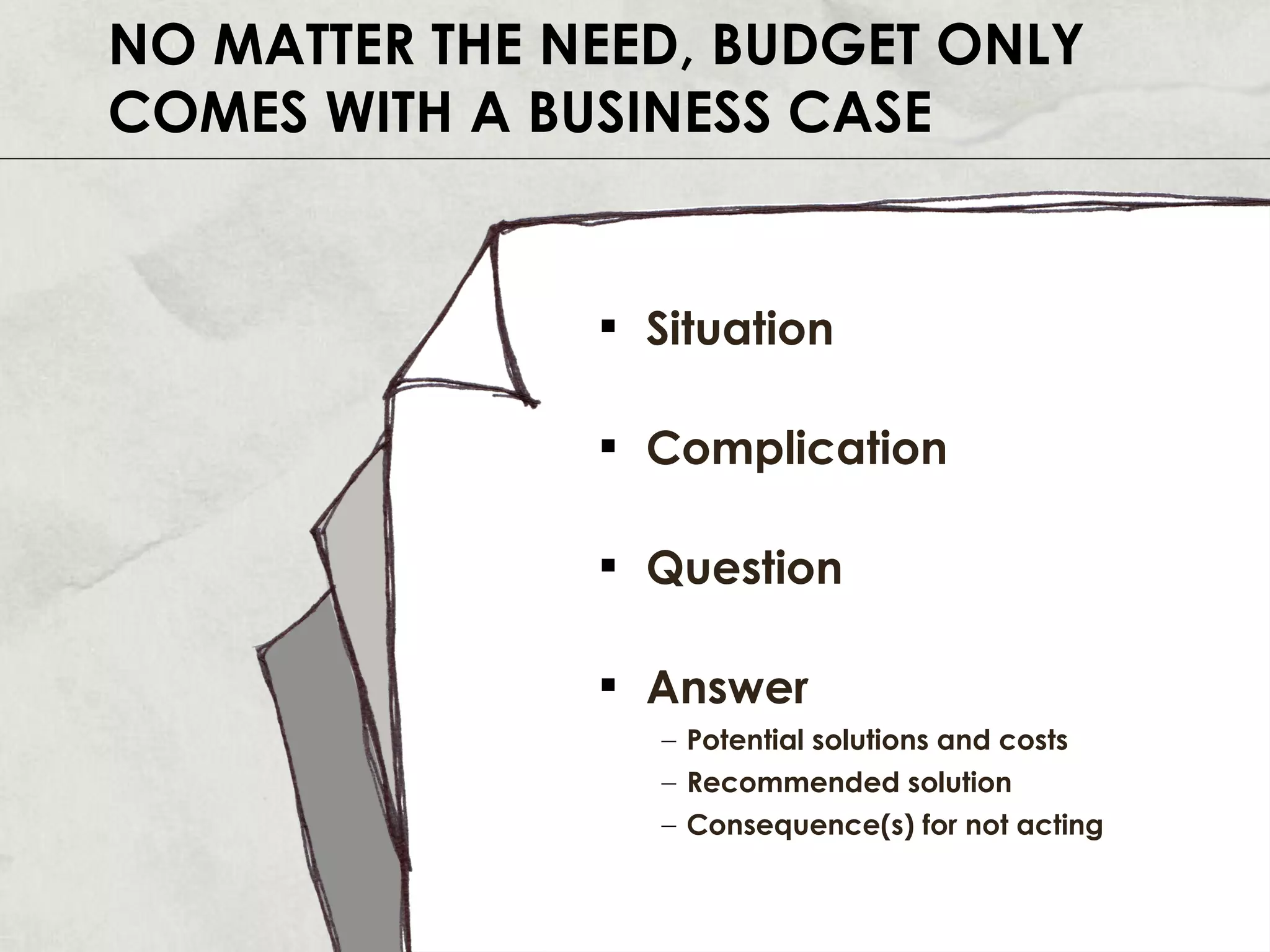 Situation Complication Question Answer Potential solutions and costs Recommended solution Consequence(s) for not acting NO MATTER THE NEED, BUDGET ONLY COMES WITH A BUSINESS CASE 