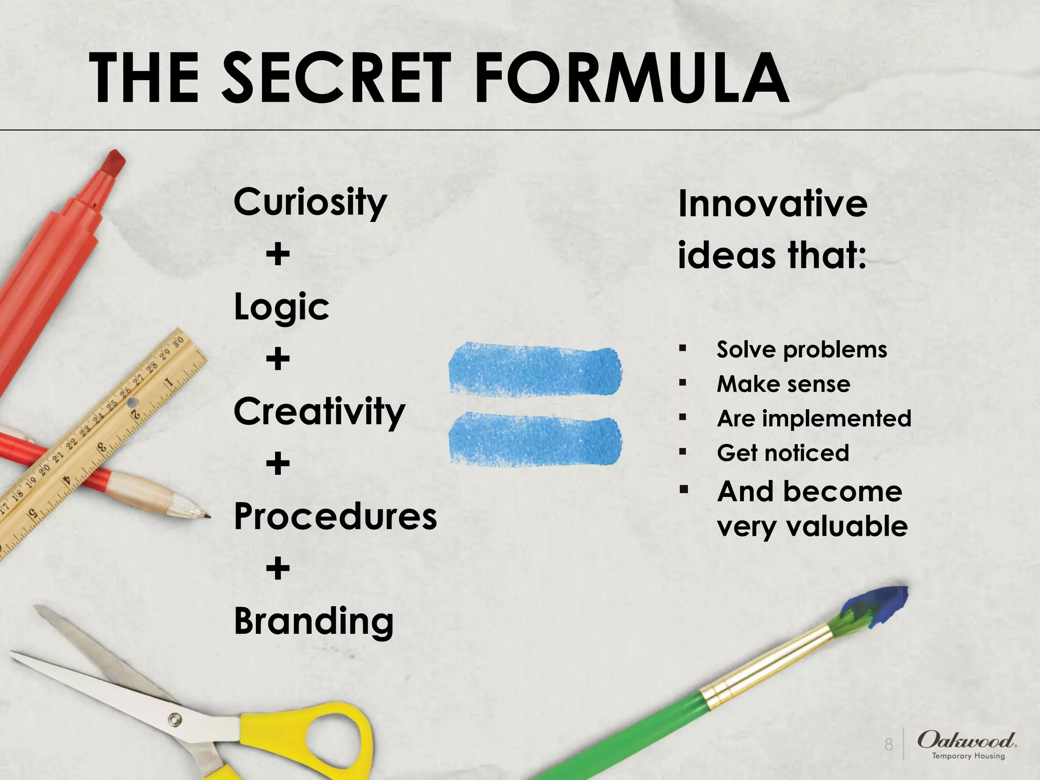 THE SECRET FORMULA Curiosity + Logic + Creativity + Procedures + Branding Innovative ideas that: Solve problems Make sense Are implemented Get noticed And become very valuable 