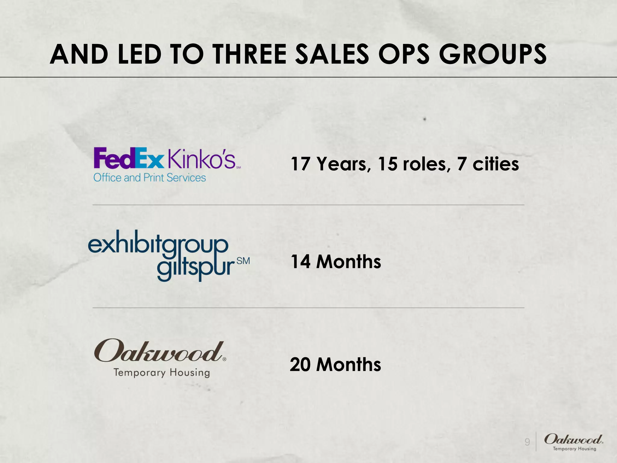INNOVATIVE IDEAS ARE HIGH IN DEMAND  AND LED TO THREE SALES OPS GROUPS 17 Years, 15 roles, 7 cities 14 Months 20 Months 