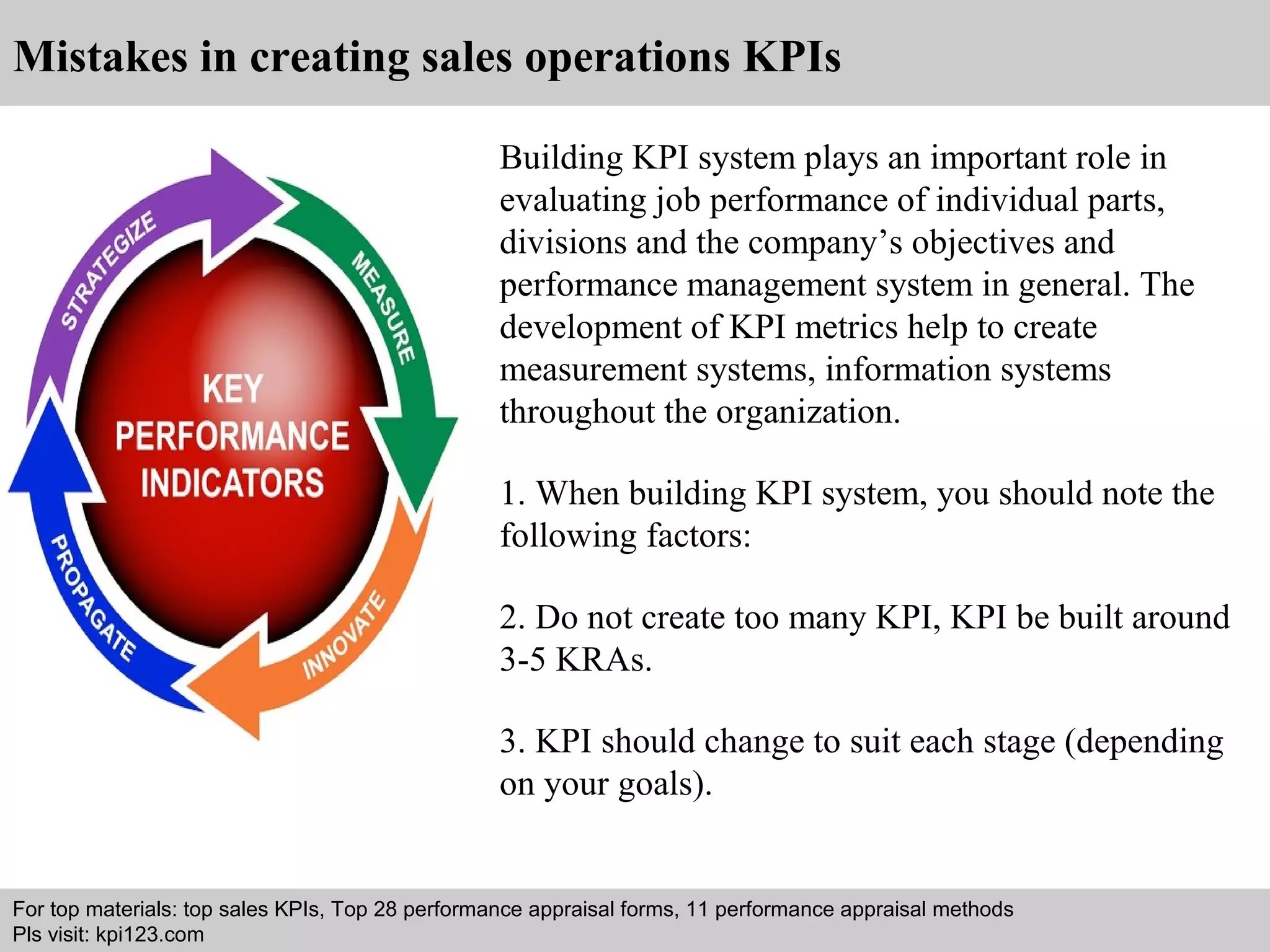 Mistakes in creating sales operations KPIs 
Building KPI system plays an important role in 
evaluating job performance of individual parts, 
divisions and the company’s objectives and 
performance management system in general. The 
development of KPI metrics help to create 
measurement systems, information systems 
throughout the organization. 
1. When building KPI system, you should note the 
following factors: 
2. Do not create too many KPI, KPI be built around 
3-5 KRAs. 
3. KPI should change to suit each stage (depending 
on your goals). 
For top materials: top sales KPIs, Top 28 performance appraisal forms, 11 performance appraisal methods 
Pls visit: kpi123.com 
Interview questions and answers – free download/ pdf and ppt file 
 