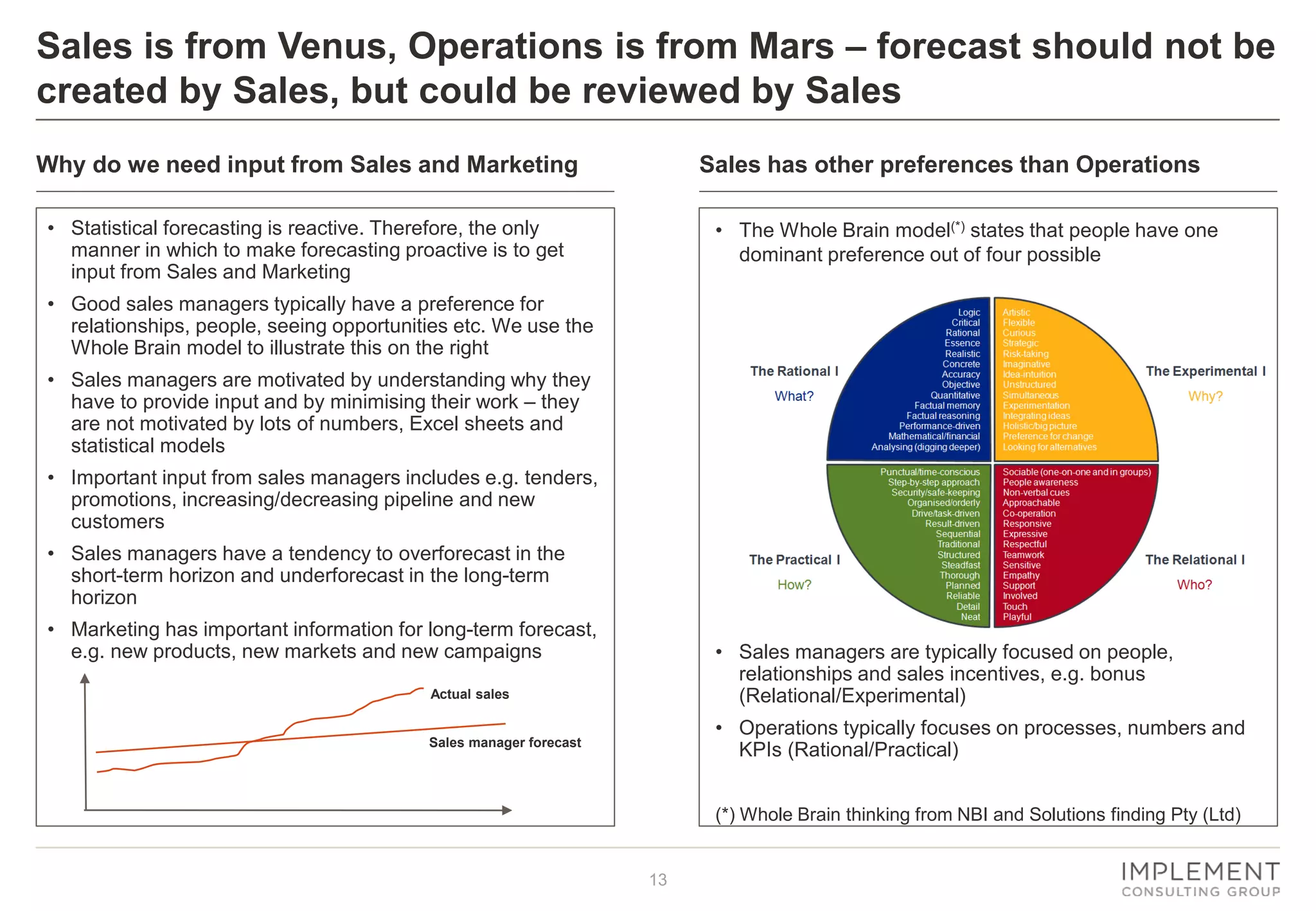 13
Sales is from Venus, Operations is from Mars – forecast should not be
created by Sales, but could be reviewed by Sales
• Sales managers are typically focused on people,
relationships and sales incentives, e.g. bonus
(Relational/Experimental)
• Operations typically focuses on processes, numbers and
KPIs (Rational/Practical)
(*) Whole Brain thinking from NBI and Solutions finding Pty (Ltd)
• The Whole Brain model(*) states that people have one
dominant preference out of four possible
Sales has other preferences than Operations
• Statistical forecasting is reactive. Therefore, the only
manner in which to make forecasting proactive is to get
input from Sales and Marketing
• Good sales managers typically have a preference for
relationships, people, seeing opportunities etc. We use the
Whole Brain model to illustrate this on the right
• Sales managers are motivated by understanding why they
have to provide input and by minimising their work – they
are not motivated by lots of numbers, Excel sheets and
statistical models
• Important input from sales managers includes e.g. tenders,
promotions, increasing/decreasing pipeline and new
customers
• Sales managers have a tendency to overforecast in the
short-term horizon and underforecast in the long-term
horizon
• Marketing has important information for long-term forecast,
e.g. new products, new markets and new campaigns
Actual sales
Sales manager forecast
Why do we need input from Sales and Marketing
 