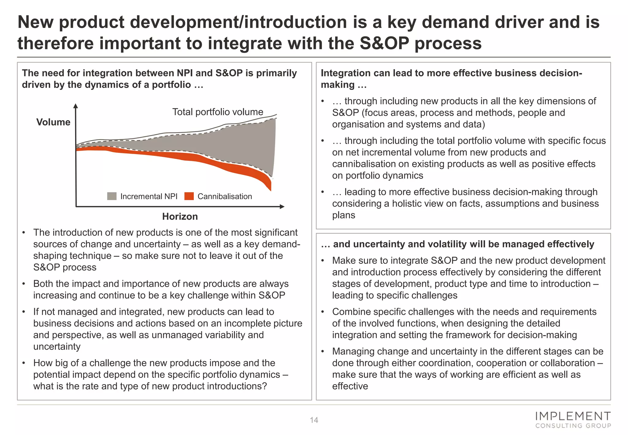 14
New product development/introduction is a key demand driver and is
therefore important to integrate with the S&OP process
The need for integration between NPI and S&OP is primarily
driven by the dynamics of a portfolio …
• The introduction of new products is one of the most significant
sources of change and uncertainty – as well as a key demand-
shaping technique – so make sure not to leave it out of the
S&OP process
• Both the impact and importance of new products are always
increasing and continue to be a key challenge within S&OP
• If not managed and integrated, new products can lead to
business decisions and actions based on an incomplete picture
and perspective, as well as unmanaged variability and
uncertainty
• How big of a challenge the new products impose and the
potential impact depend on the specific portfolio dynamics –
what is the rate and type of new product introductions?
Integration can lead to more effective business decision-
making …
• … through including new products in all the key dimensions of
S&OP (focus areas, process and methods, people and
organisation and systems and data)
• … through including the total portfolio volume with specific focus
on net incremental volume from new products and
cannibalisation on existing products as well as positive effects
on portfolio dynamics
• … leading to more effective business decision-making through
considering a holistic view on facts, assumptions and business
plans
… and uncertainty and volatility will be managed effectively
• Make sure to integrate S&OP and the new product development
and introduction process effectively by considering the different
stages of development, product type and time to introduction –
leading to specific challenges
• Combine specific challenges with the needs and requirements
of the involved functions, when designing the detailed
integration and setting the framework for decision-making
• Managing change and uncertainty in the different stages can be
done through either coordination, cooperation or collaboration –
make sure that the ways of working are efficient as well as
effective
Horizon
Volume
Total portfolio volume
Incremental NPI Cannibalisation
 